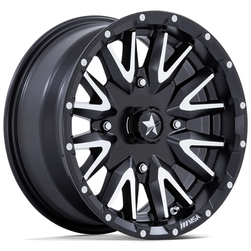Wild Boar Razorback M/T 28x9.5-14 (6-Ply) Mud Tires on MSA M49 Creed Matte Black & Machined Wheels