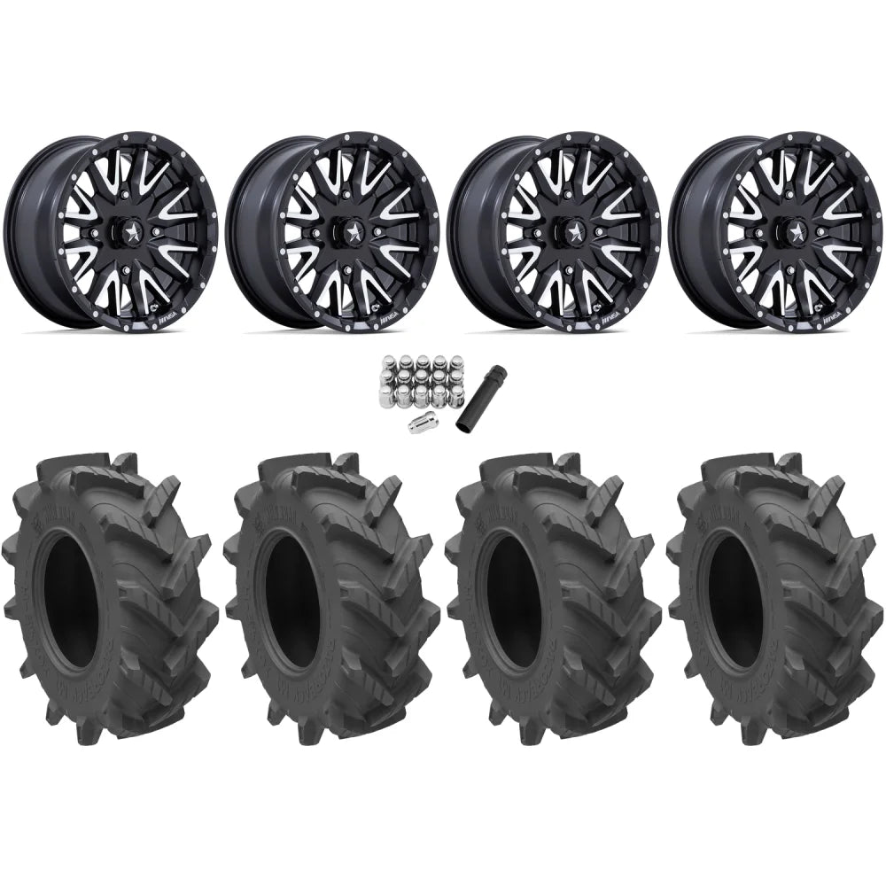 Wild Boar Razorback M/T 28x9.5-14 (6-Ply) Mud Tires on MSA M49 Creed Matte Black & Machined Wheels